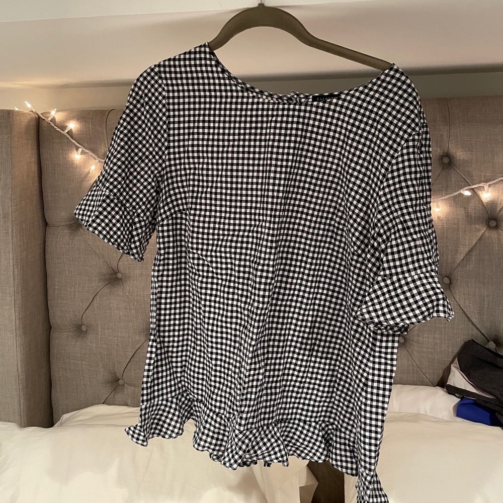 Talbots black check ruffle blouse, medium